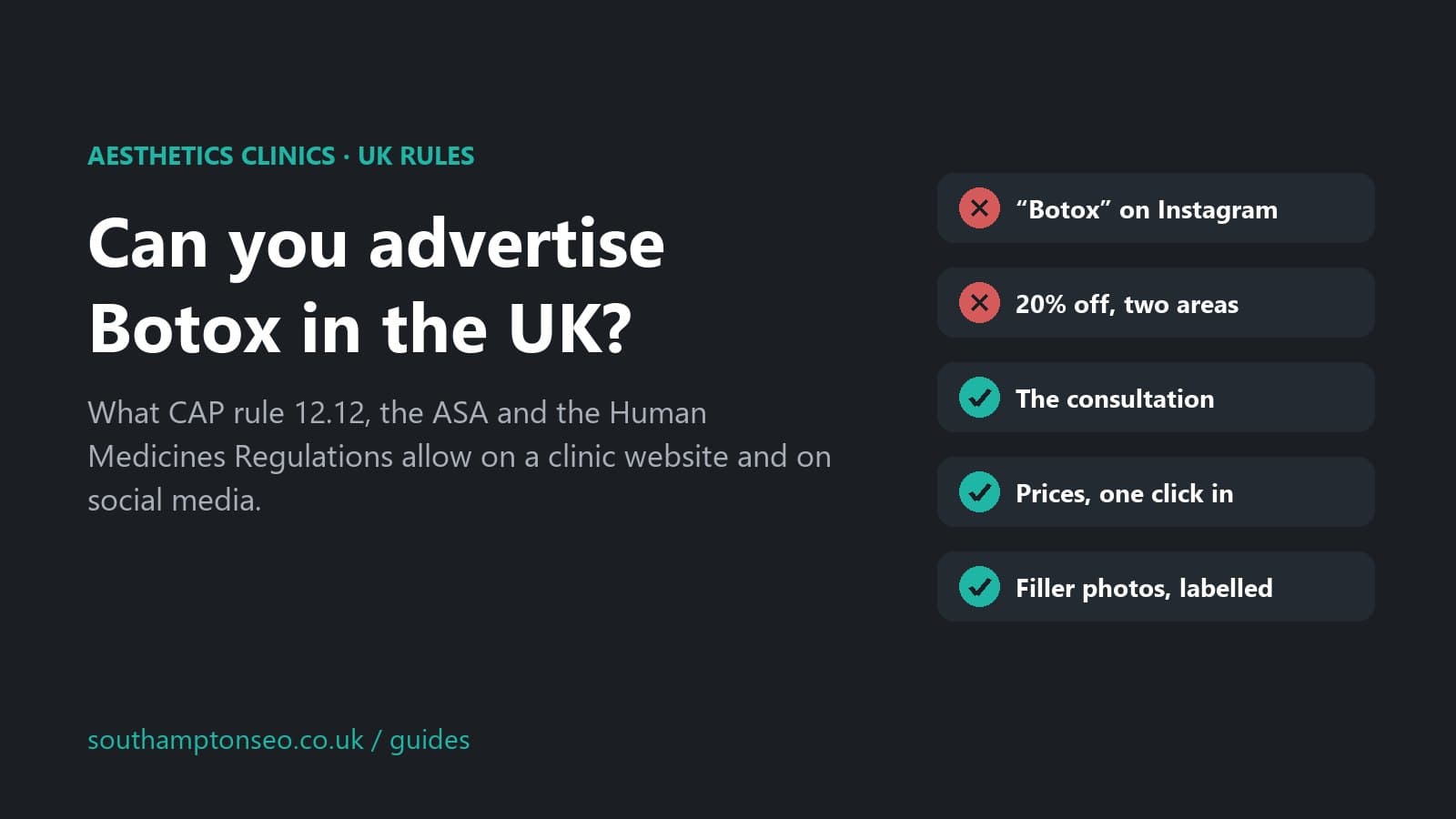 A summary card: Botox on Instagram and price promotions are out, the consultation and a price list one click in are allowed