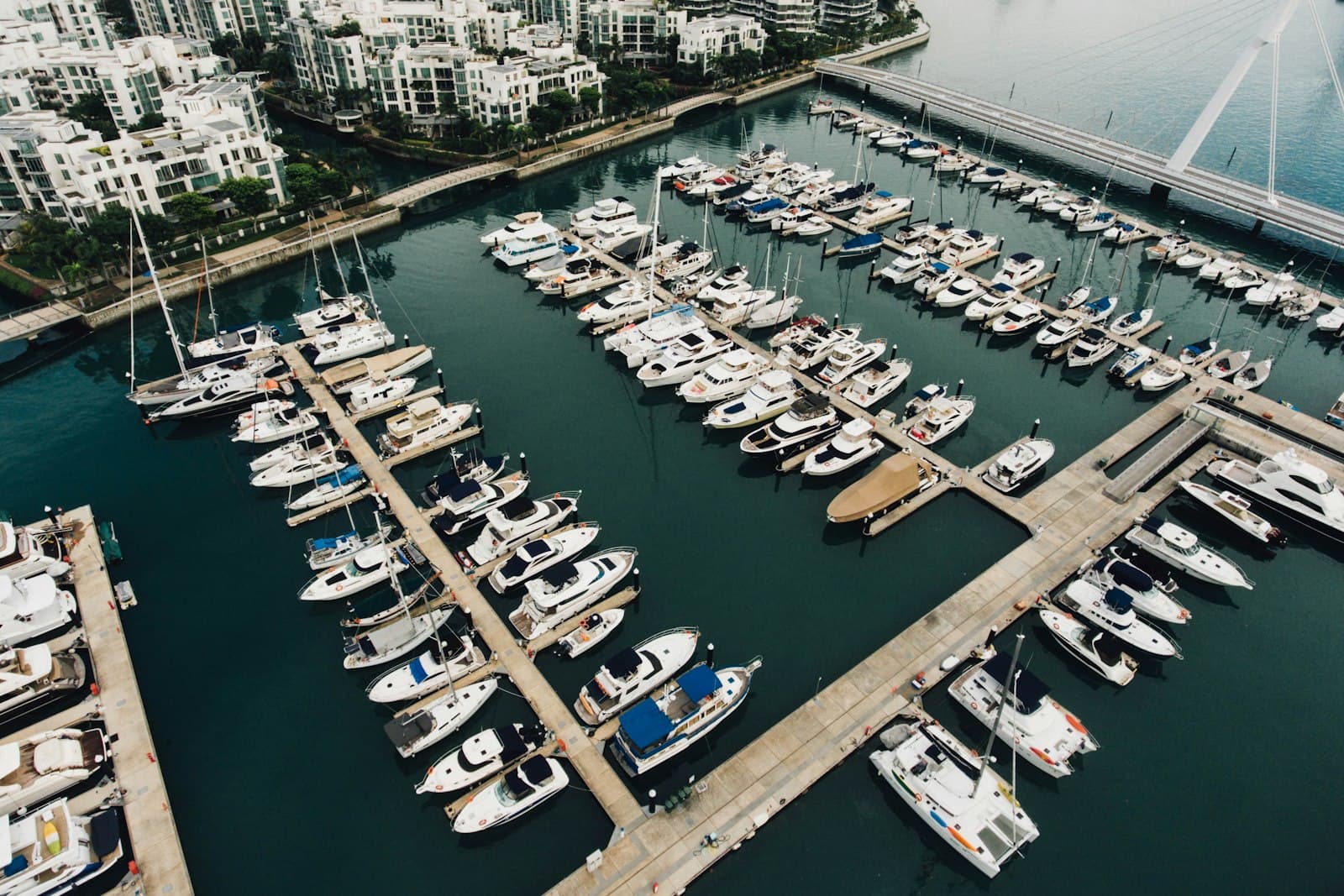 Sailing yachts moored along a marina pontoon
