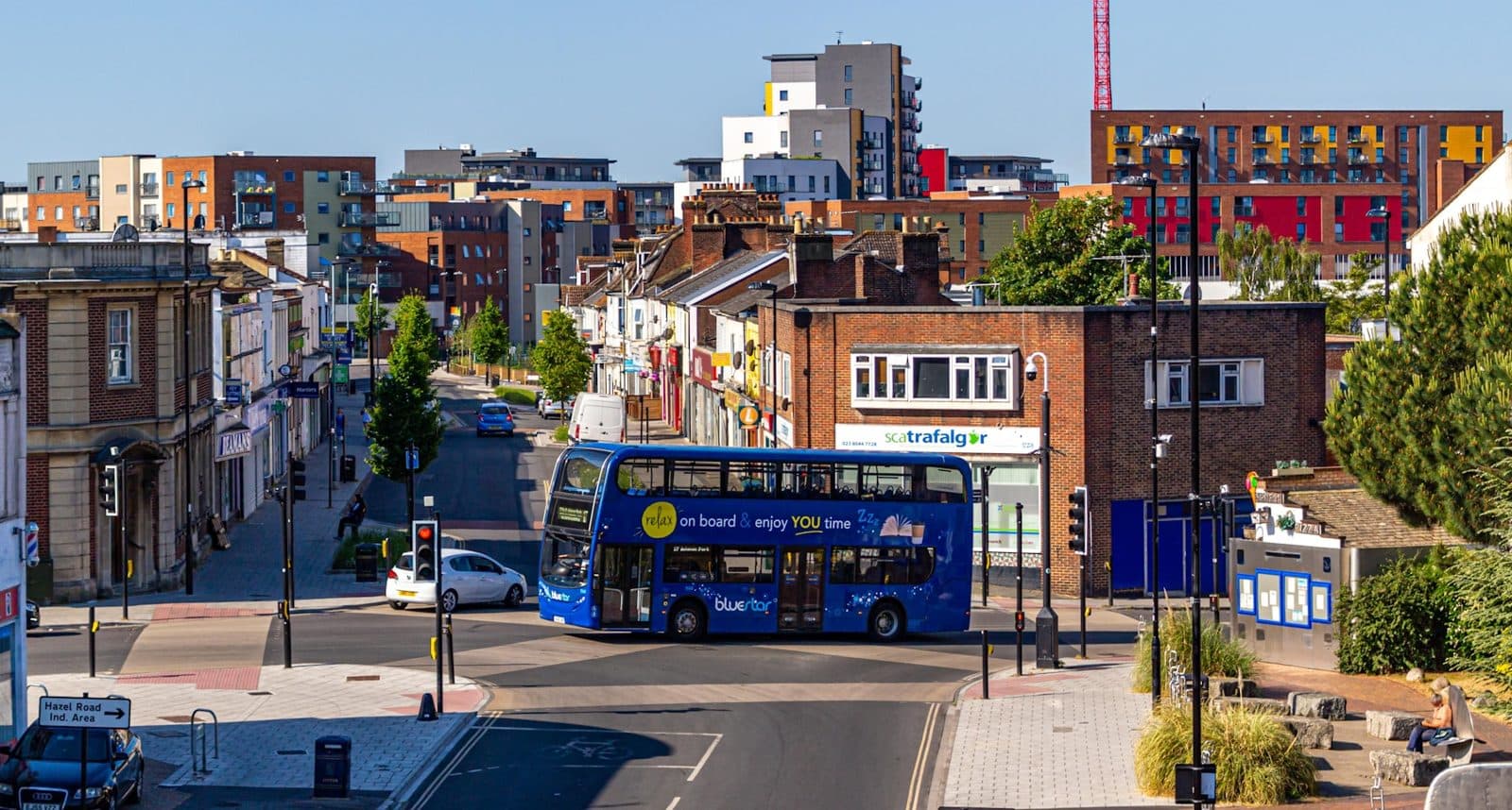 A Southampton city street with a bus passing